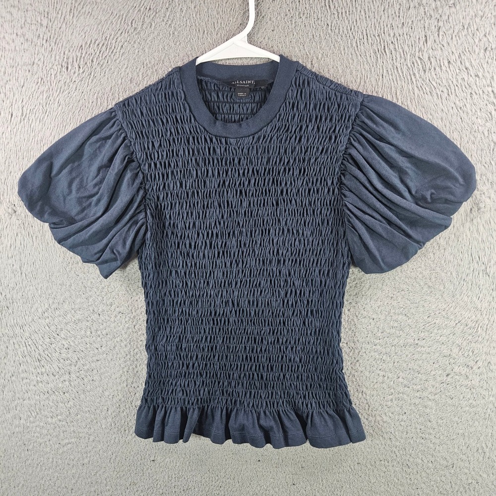 AllSaints Smocked Puff Sleeve Top Navy Blue Charcoal Ruffle Hem XS